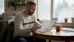 Homeowner reviews Calgary maintenance checklist at kitchen table