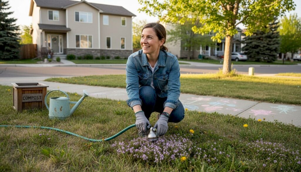 Calgary homeowner watering eco-friendly front lawn