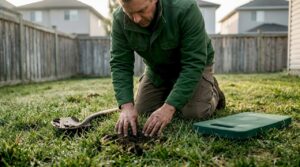 Homeowner inspecting lawn soil for pests