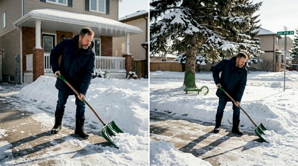 Homeowner shoveling snow in Calgary driveway