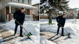 Homeowner shoveling snow in Calgary driveway