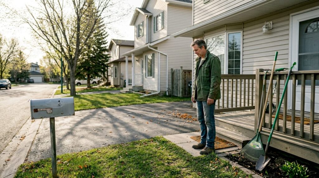 Calgary homeowner inspecting outdoor upkeep