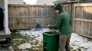 Homeowner cleaning Calgary yard after thaw