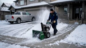 Worker using snow blower at snowy Calgary home