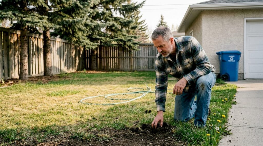 Homeowner checking soil on backyard Calgary lawn