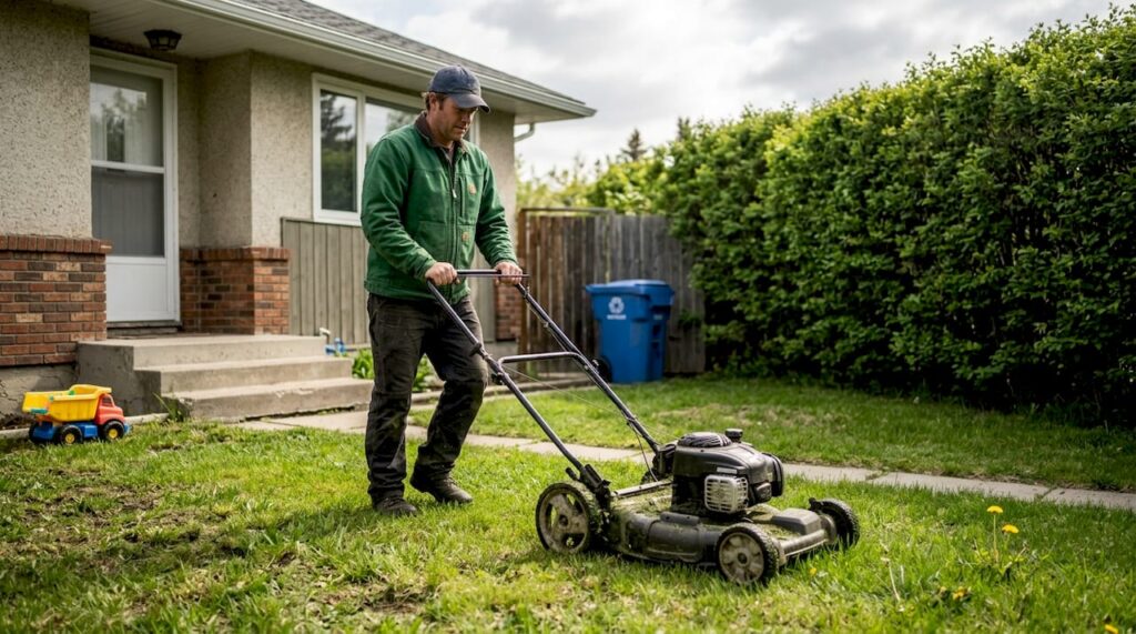 Man mowing patchy Calgary lawn in summer morning