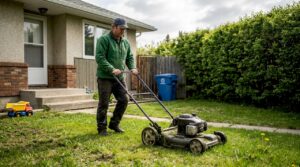 Man mowing patchy Calgary lawn in summer morning