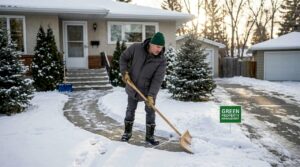 Homeowner shoveling fresh walkway snow Calgary