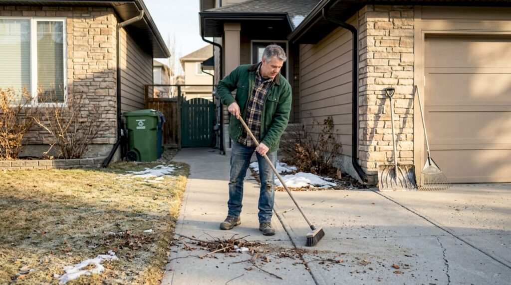 Homeowner tidying walkway in early spring Calgary