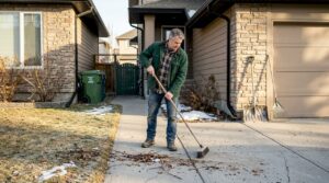 Homeowner tidying walkway in early spring Calgary