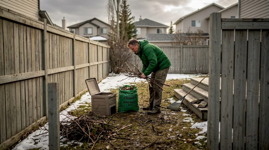 Homeowner managing yard debris after Calgary storm