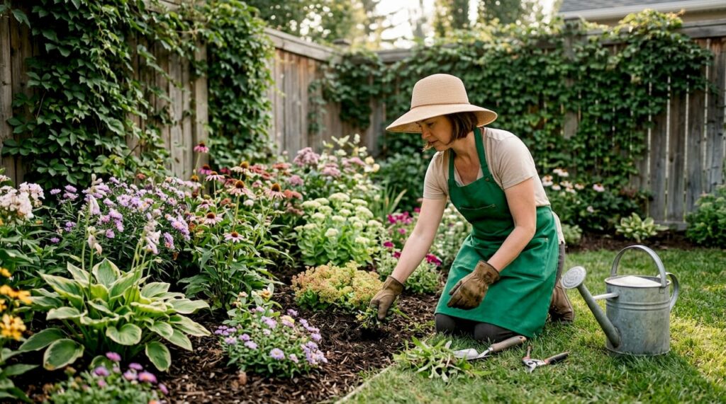 Homeowner tending backyard Calgary flower bed