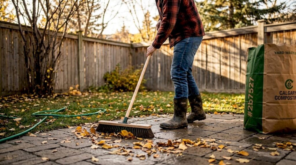 Homeowner cleaning stone patio after autumn leaves