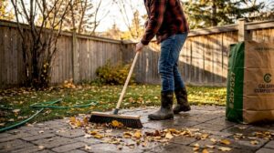 Homeowner cleaning stone patio after autumn leaves