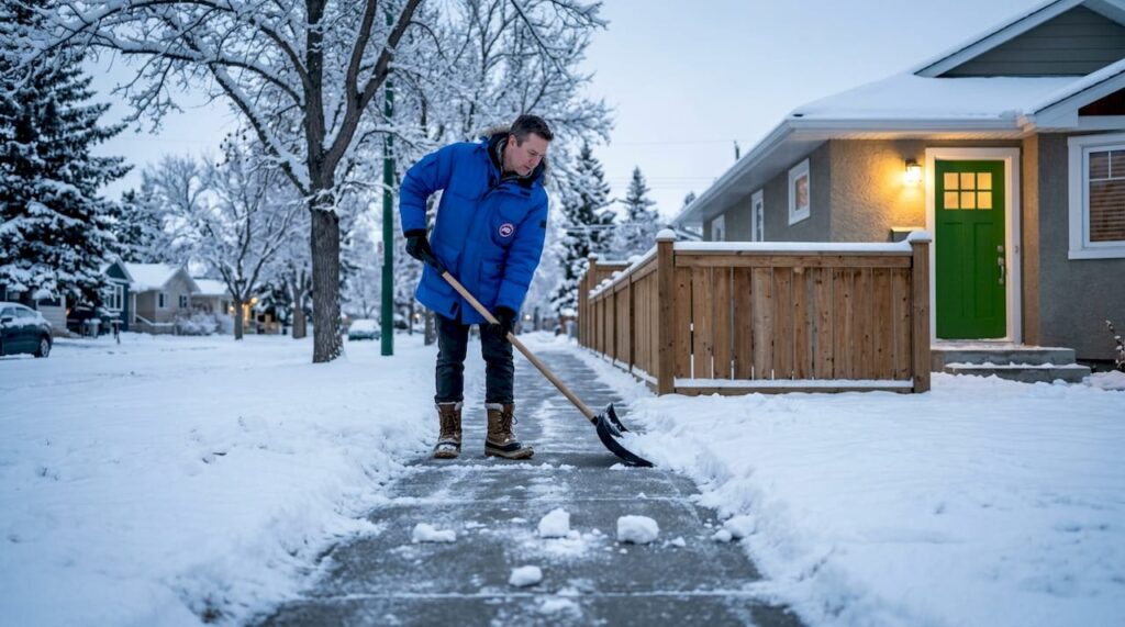 Homeowner shoveling Calgary sidewalk after snowfall