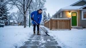 Homeowner shoveling Calgary sidewalk after snowfall