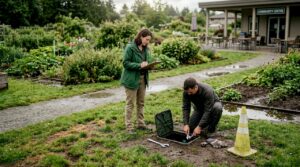 HOA manager and worker inspecting park irrigation