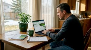 Homeowner reviewing yard service options Calgary