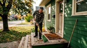 Homeowner sweeping front steps in autumn