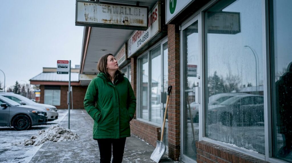 Property manager inspecting Calgary retail entrance in winter