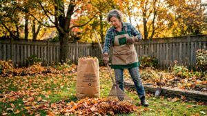 Homeowner raking autumn leaves on front lawn