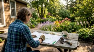 Homeowner reviews outdoor landscape plan at patio table