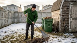 Homeowner clearing winter debris in backyard
