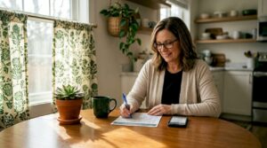 Homeowner reviewing checklist at kitchen table
