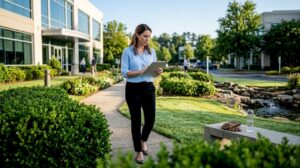Business owner checking commercial lawn condition