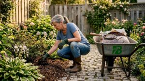 Woman spreading mulch in backyard garden