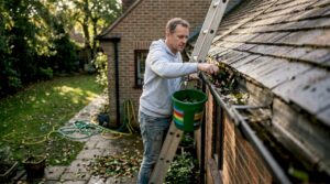 Homeowner cleaning gutters after rain
