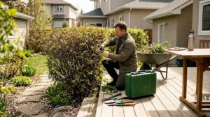 Property maintenance worker trims hedge in Calgary yard