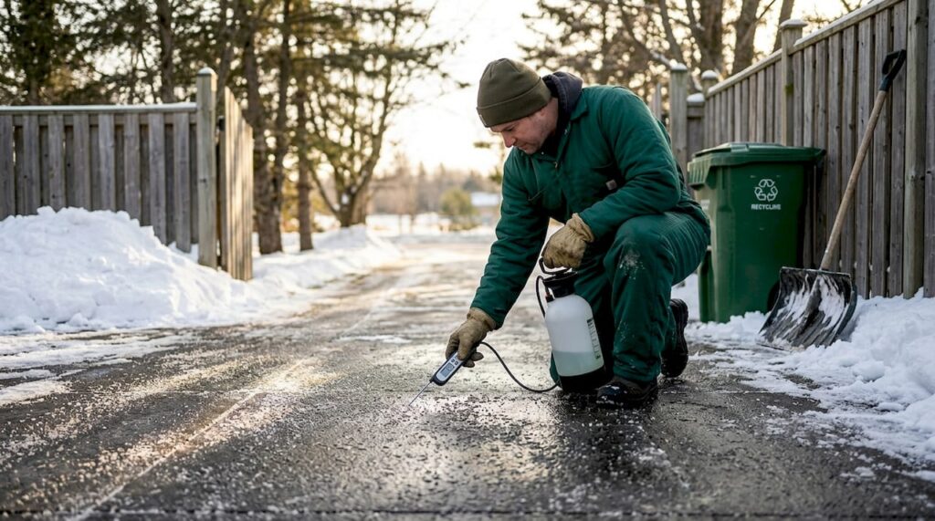 Worker anti-icing suburban property driveway