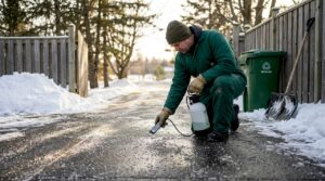 Worker anti-icing suburban property driveway