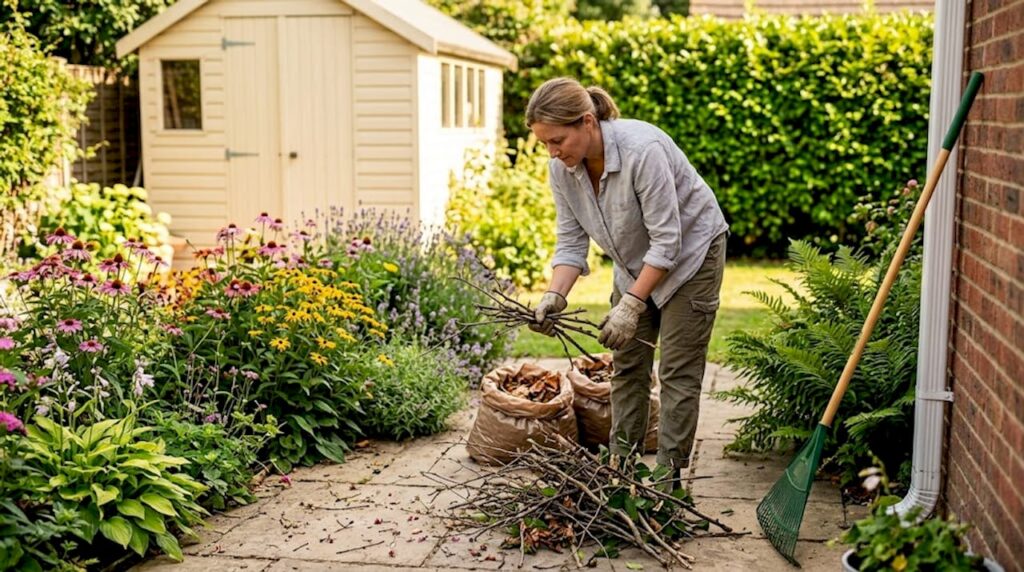 Homeowner sorting yard debris at curb