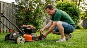 Homeowner inspecting mower height on backyard lawn
