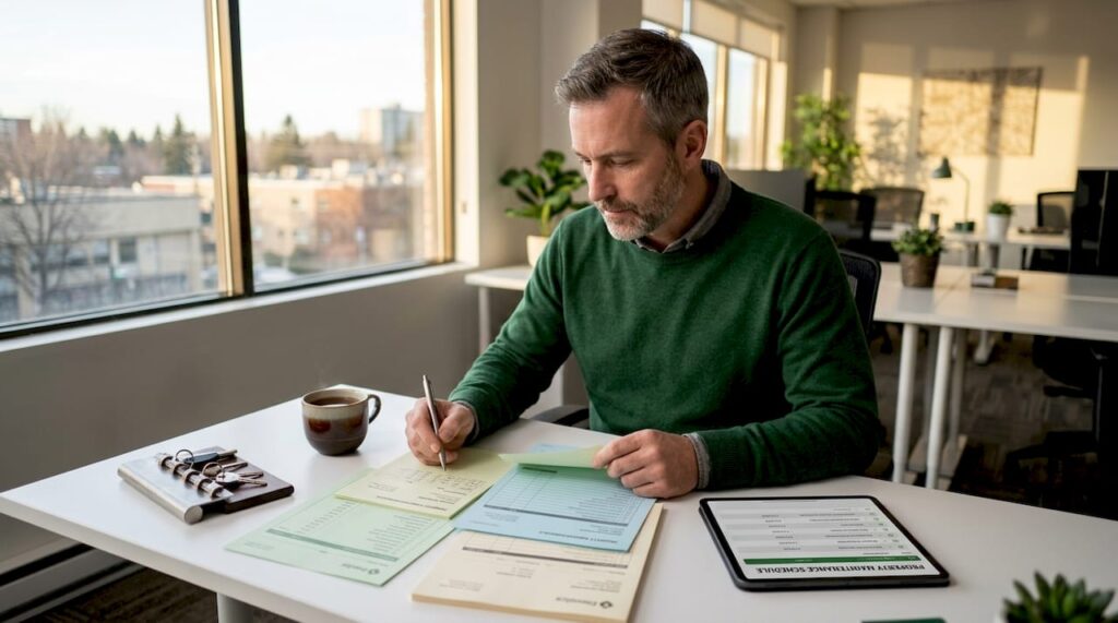 Business owner reviewing property maintenance documents