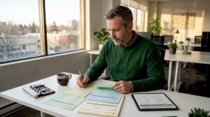 Business owner reviewing property maintenance documents
