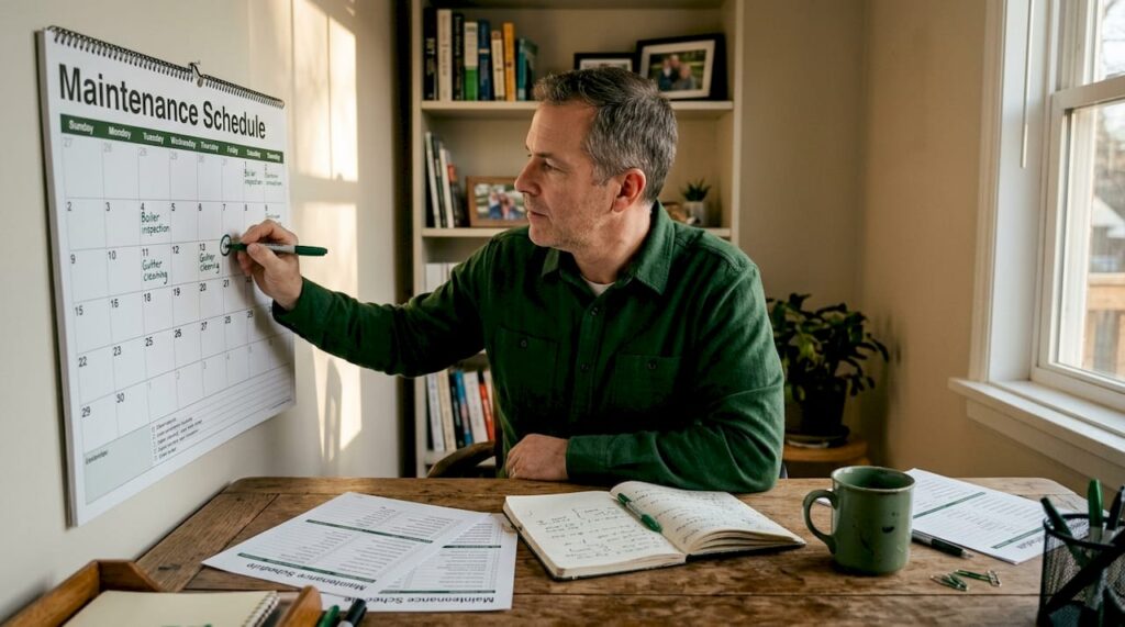 Property manager marking maintenance schedule on calendar