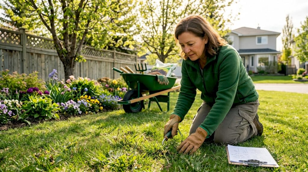 Homeowner inspecting patchy lawn in Calgary backyard
