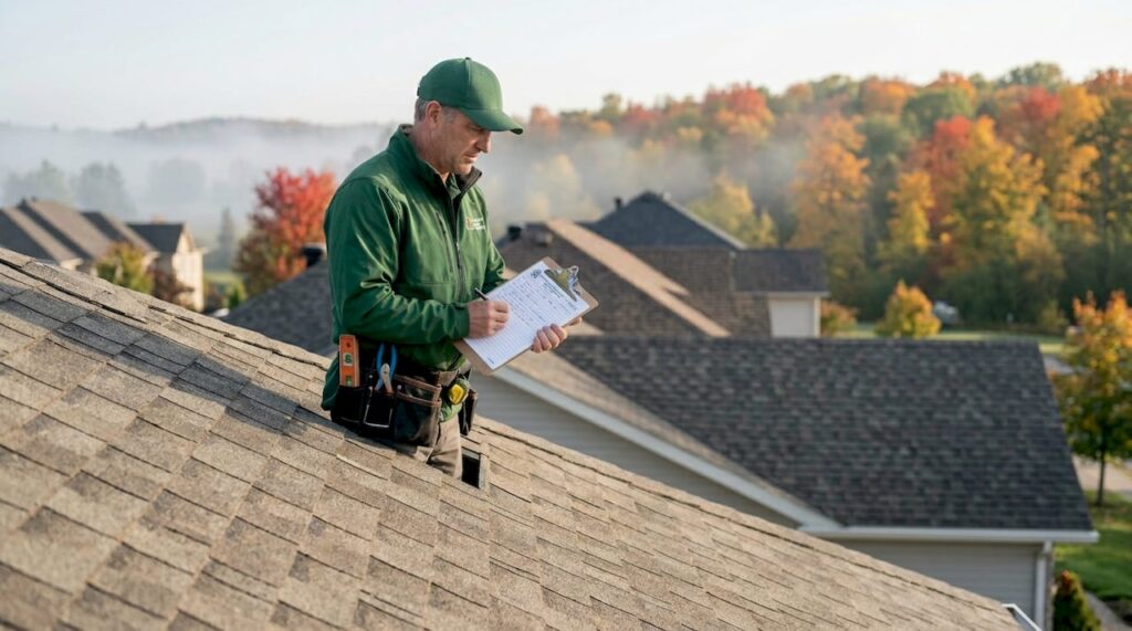 Technician inspecting house roof during maintenance