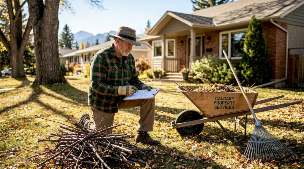 Homeowner raking yard in Calgary neighborhood