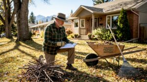 Homeowner raking yard in Calgary neighborhood