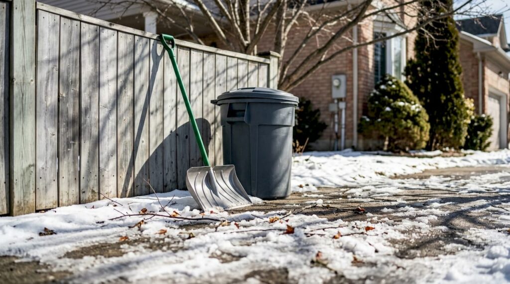 Scattered winter debris on snowy driveway