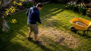 Homeowner spreading compost on lawn topdressing