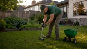 Homeowner performing lawn aeration and overseeding