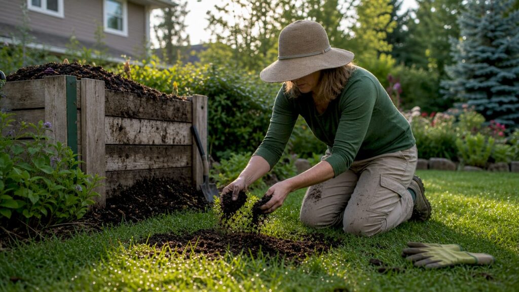 Homeowner applying compost on lawn outdoors