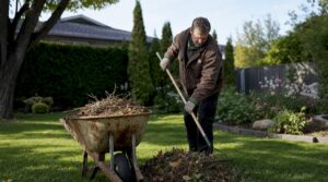 Landlord raking leaves in Calgary rental yard