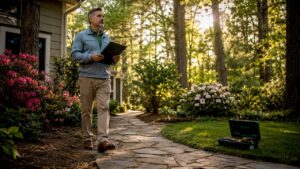 Property manager inspecting outdoor residential property