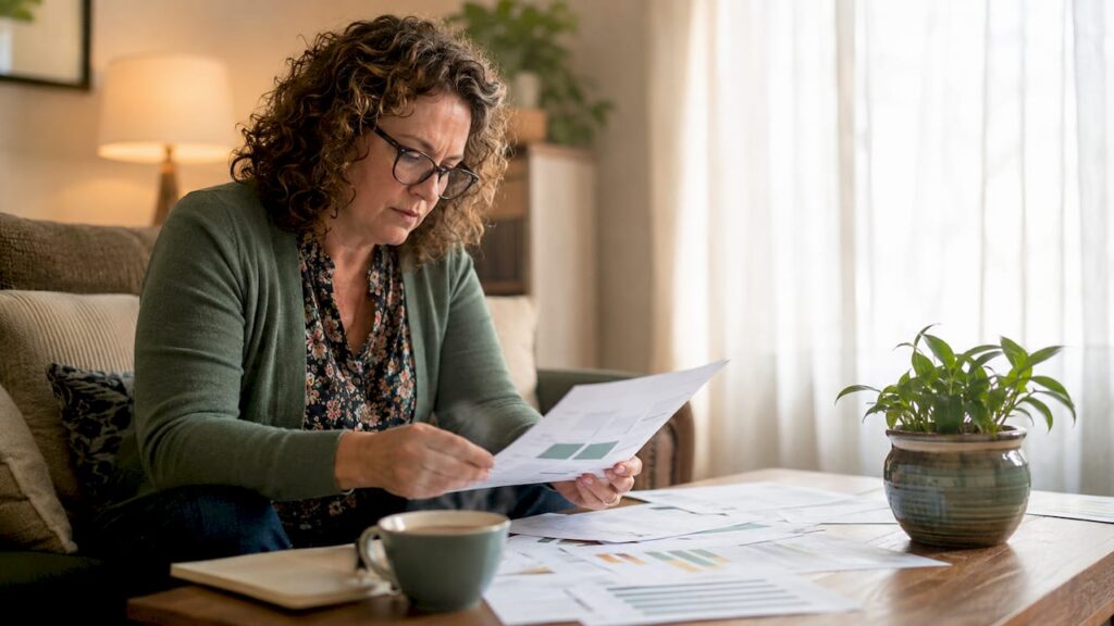 Businesswoman reviewing property service comparisons